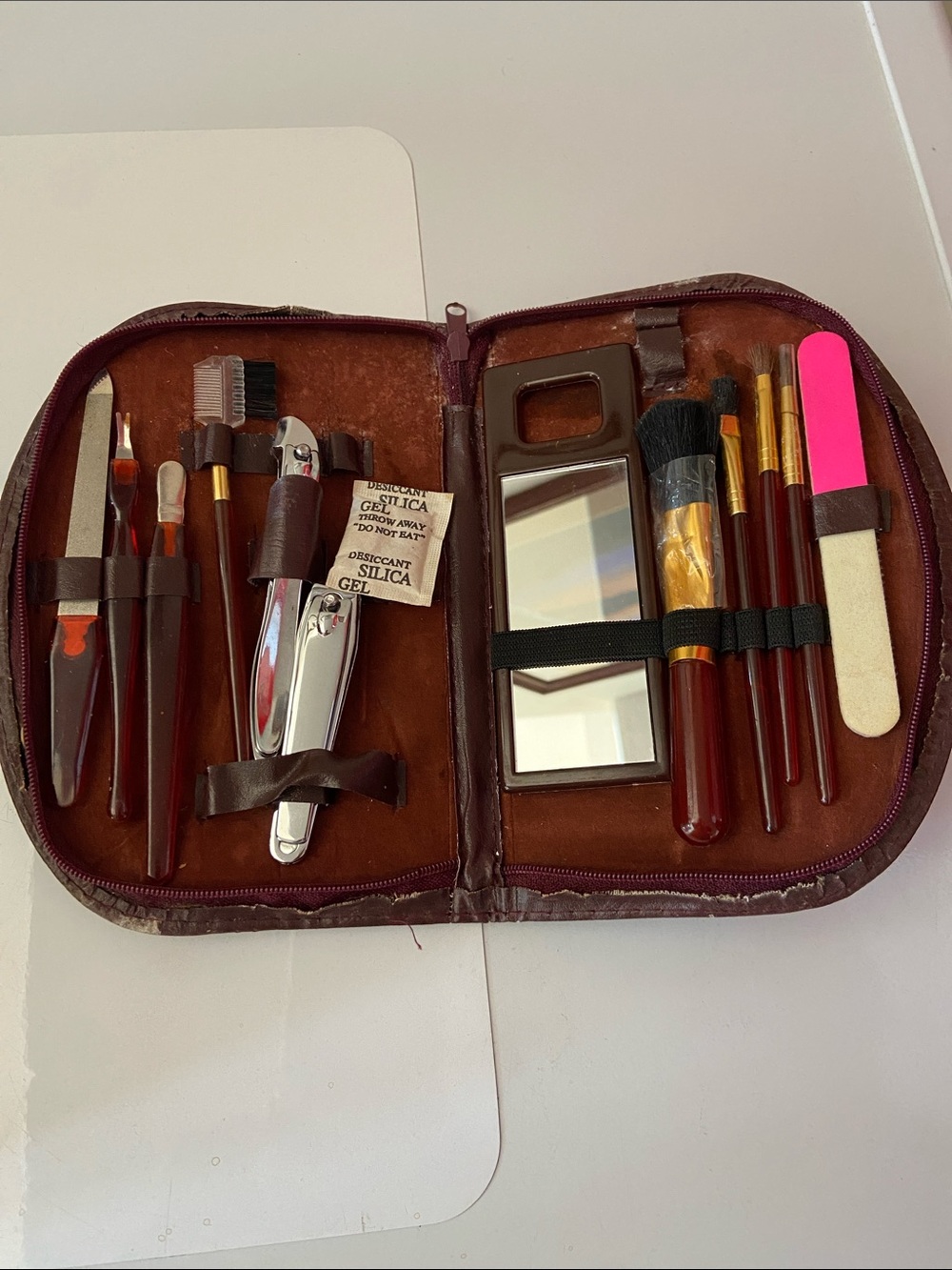 Vintage Brown Travel Makeup and Nail Care Kit with Mirror